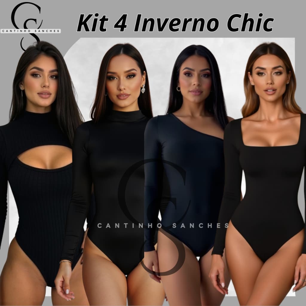 Kit 4 Body Feminino Modelo Variados Inverno Mula Manga Longa Cacharrel Decote Quadrado Suplex Bubble