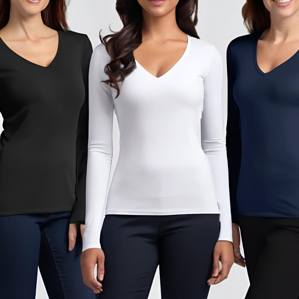 Kit 3 ou 2 Blusa Manga Longa Gola V Feminina Viscolycra Segunda Pele Conforto e Versatilidade