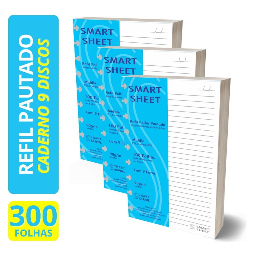 Kit 3 Refil Caderno de Discos 90g 100 Folha Pautado Medio 9 Furos