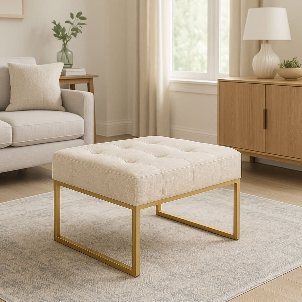 Puffe Para Sala de Estar Lisa Linho Base Metálica Industrial Dourado - Pallazio