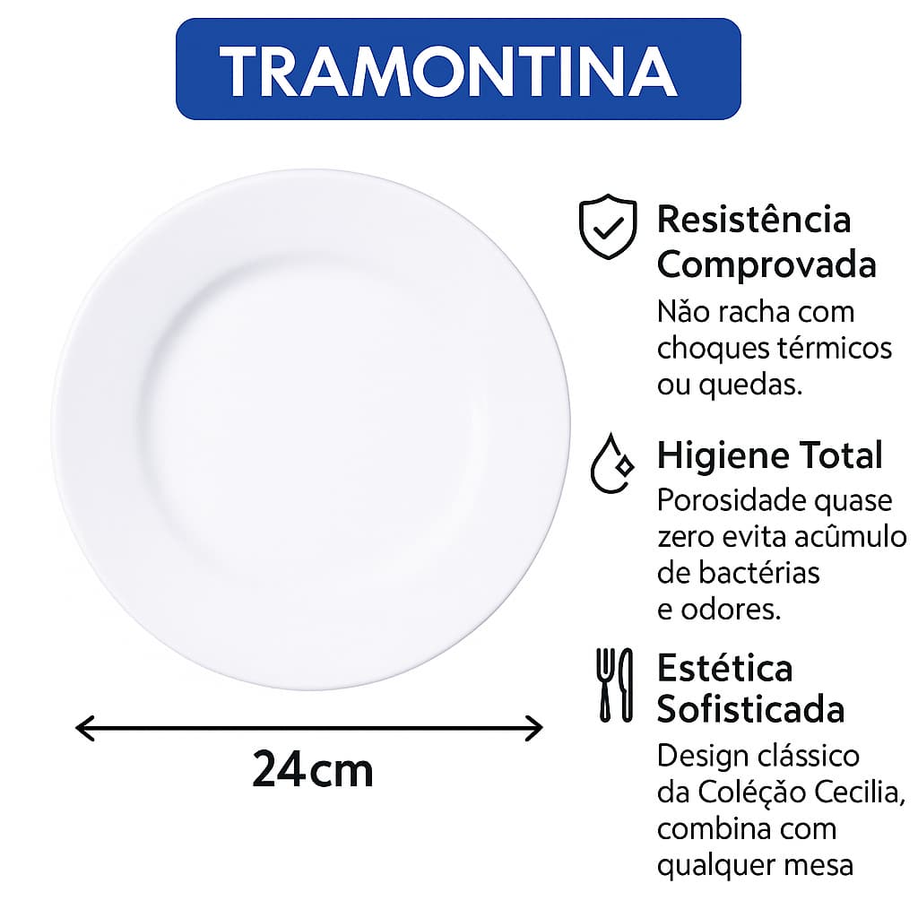 Conjunto 6 Pratos Raso Mesa Cecilia HS Porcelana 24cm Tramontina