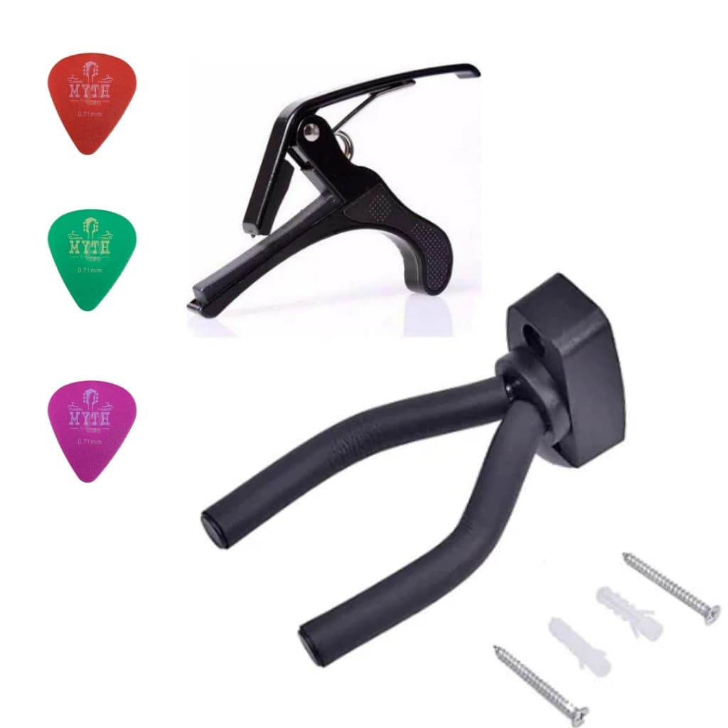 Suporte Parede para Violão Preto + Capotraste + 3 Palhetas