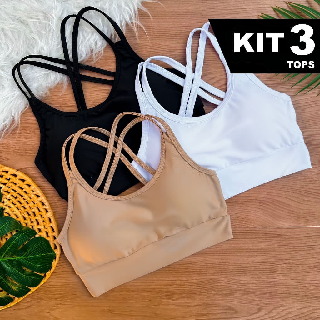 Kit 3 Top Fitness Feminino De Alcinha Dupla Cruzado nas Costas com Bojo Removível Academia para Treino