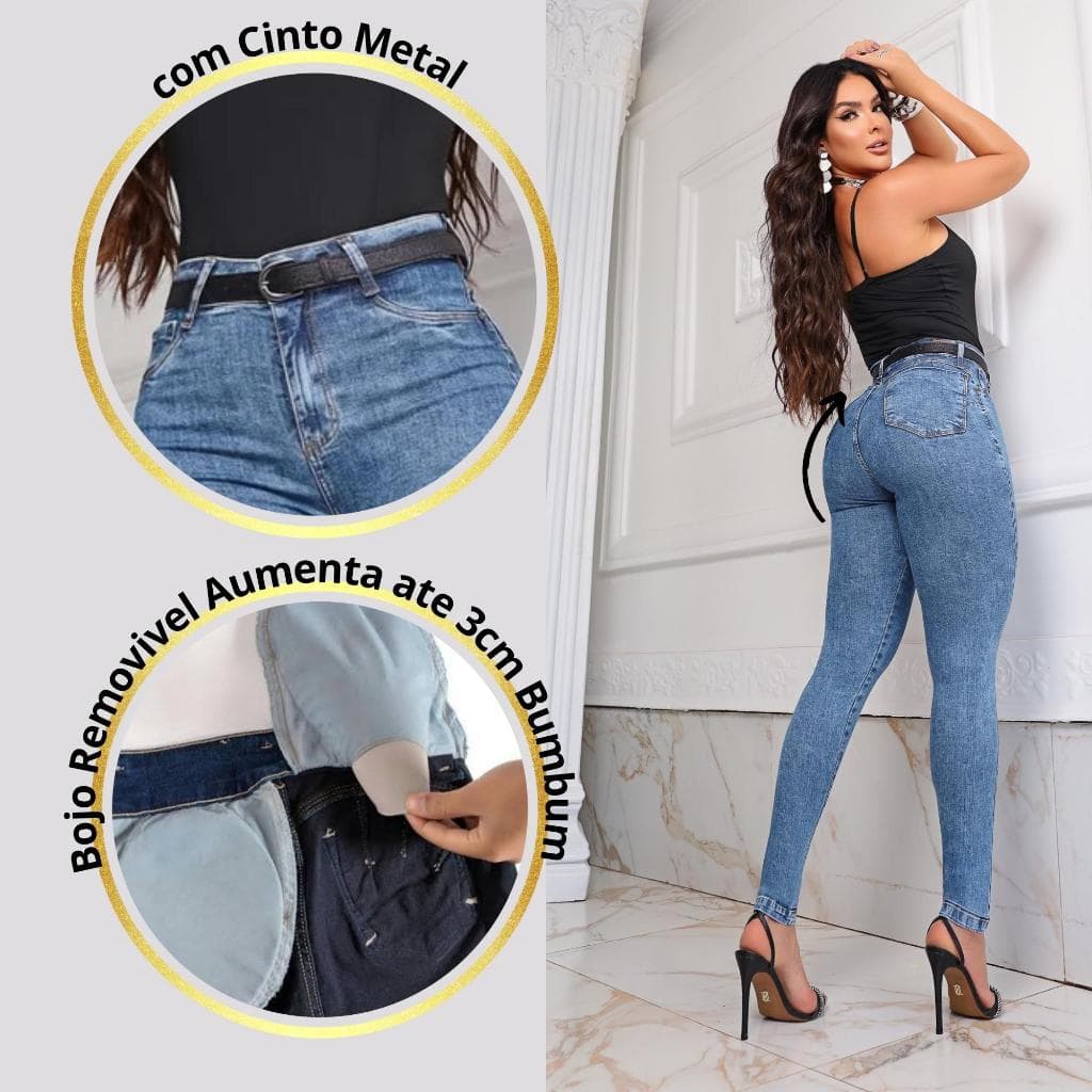 Calça Jeans Modeladora Feminina Com Bojo Removível Levanta Bumbum e Muito Elastano com Cinto