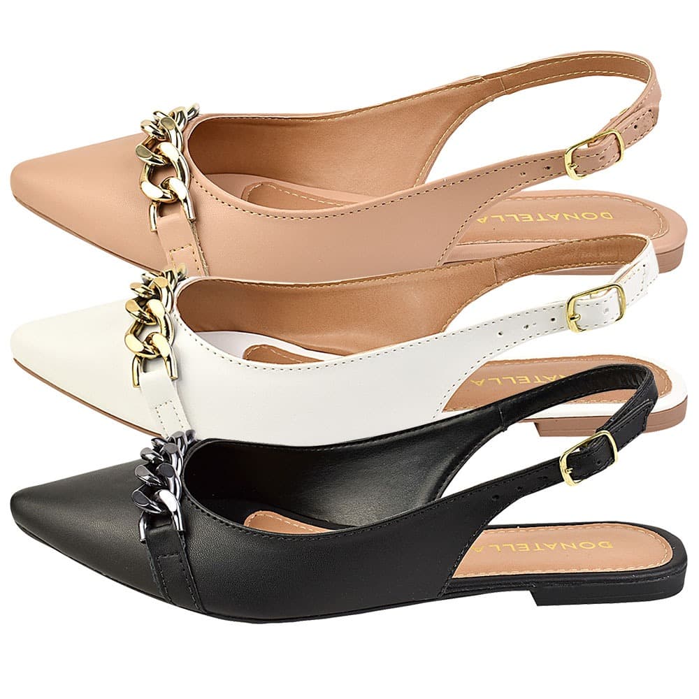 Kit 3 Pares Sapatilha Feminina Aberta Slingback Bico Fino Confort Novo Metalizado Corrente
