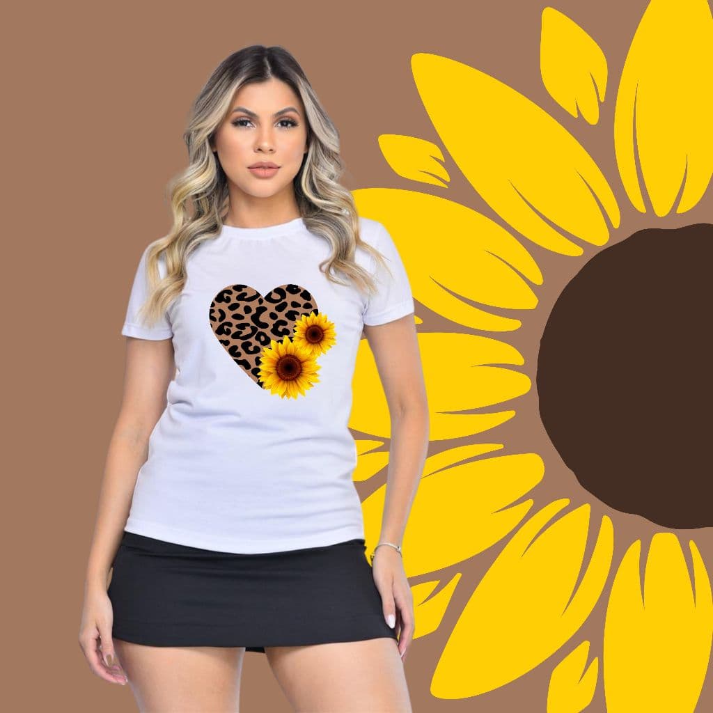 BLUSA -Tshirts Camiseta Babylook Feminina CORAÇÃO ONÇA GIRASSOL