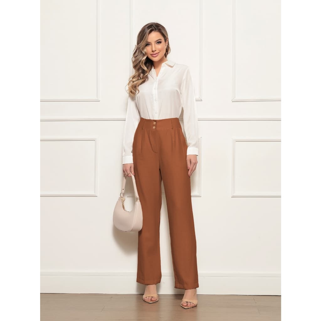 Calça Reta Feminina Alfaiataria Marant Liso Casual Botão Duplo