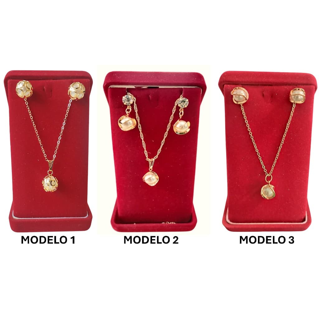 Conjunto Feminino Colar e Brinco Ouro Dourado com Pingente de Pérola