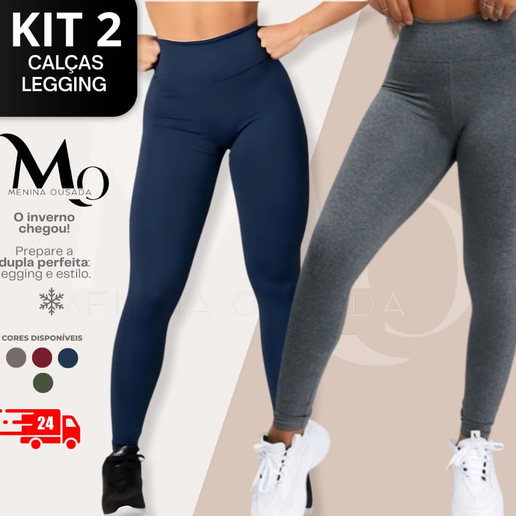KIT 2 Calça Legging Feminina Flanelada Cintura Alta Suplex Power Zero Transparência Academia Fitness Inverno dia