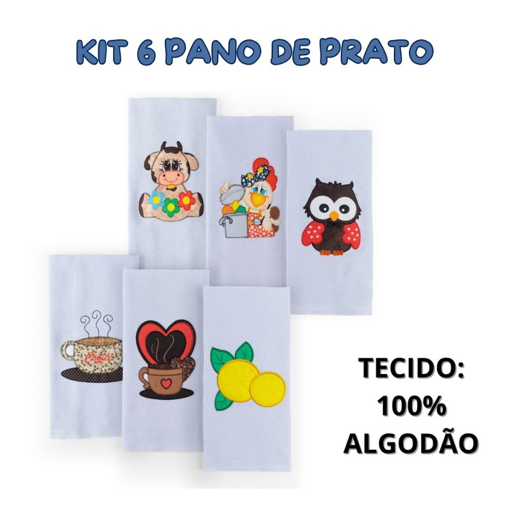 Kit 6 Pano De Prato Patchwork Bordado Estampas Variadas