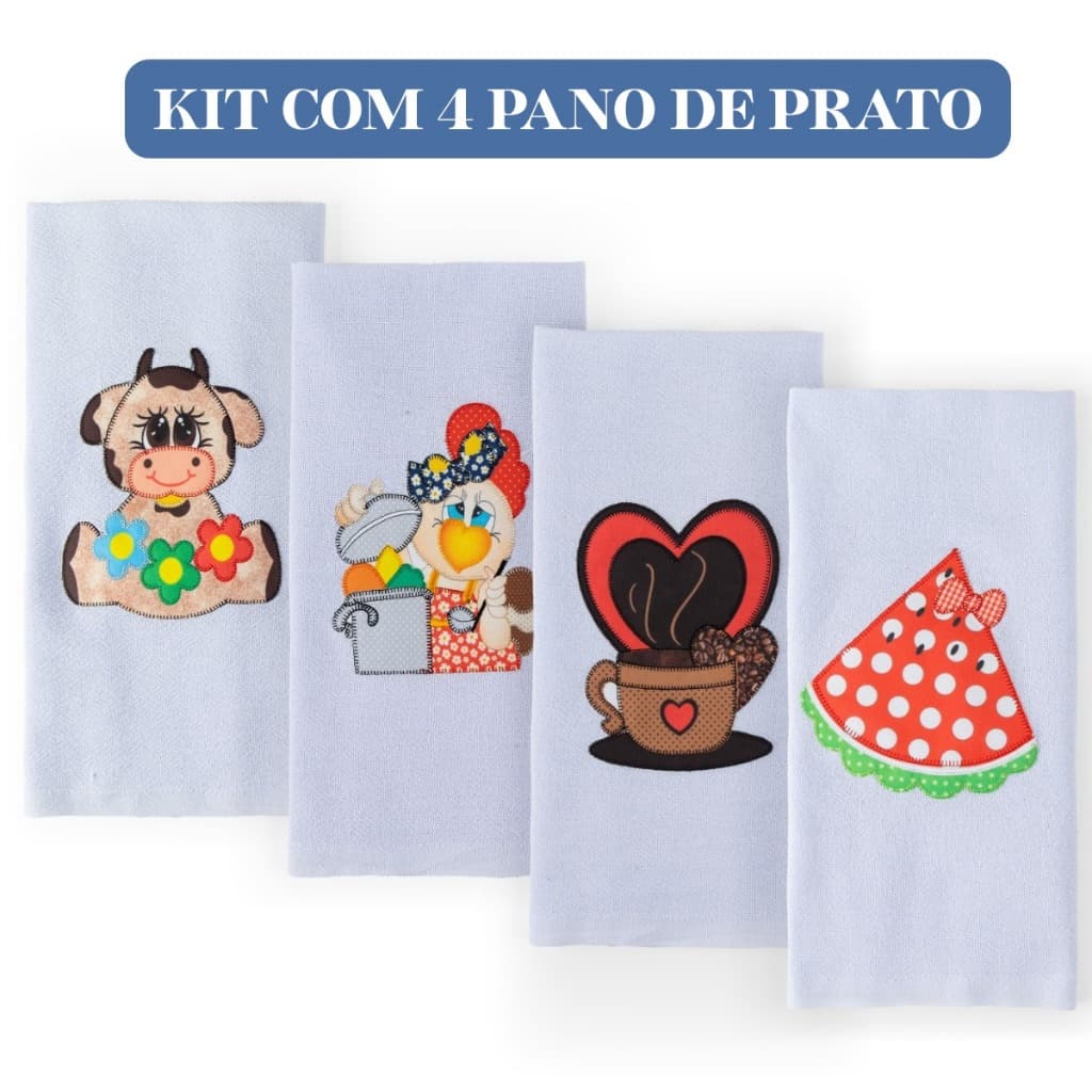 kit 4 Pano De Prato Patchwork Bordado Estampas Variadas
