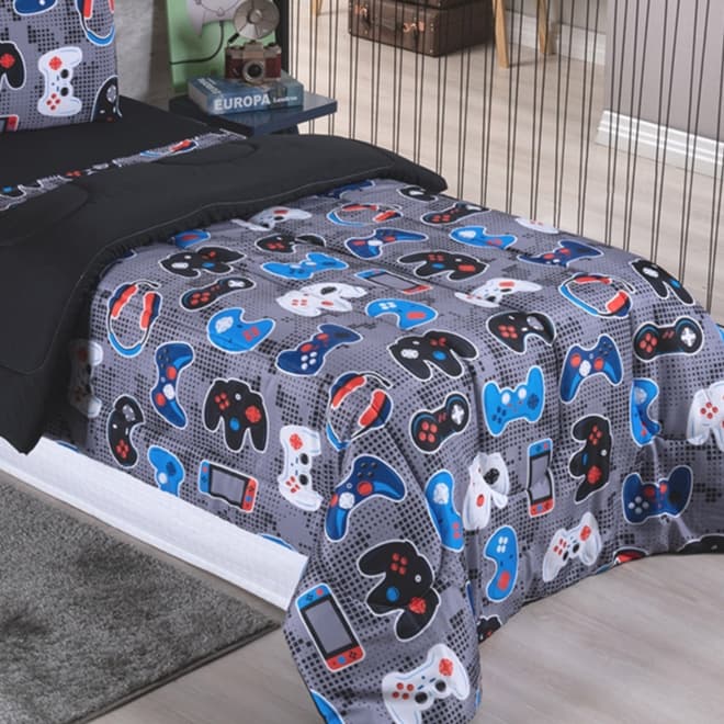 Edredom Menino Infantil Estampado Dupla Face com Liso Gammer Futebol Dinossauro Avulso