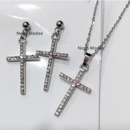 Colar e Brincos Cruz Cravejado Crucifixo Pedrinhas Brilhante Moda em Alta Esperança Fé Aço Inox