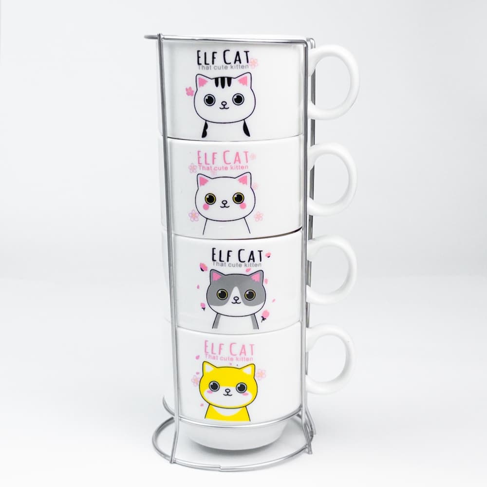 Kit 4 Xícaras Cerâmicas + 1 Suporte Torre de Metal 150ml - Pets/Gatinhos