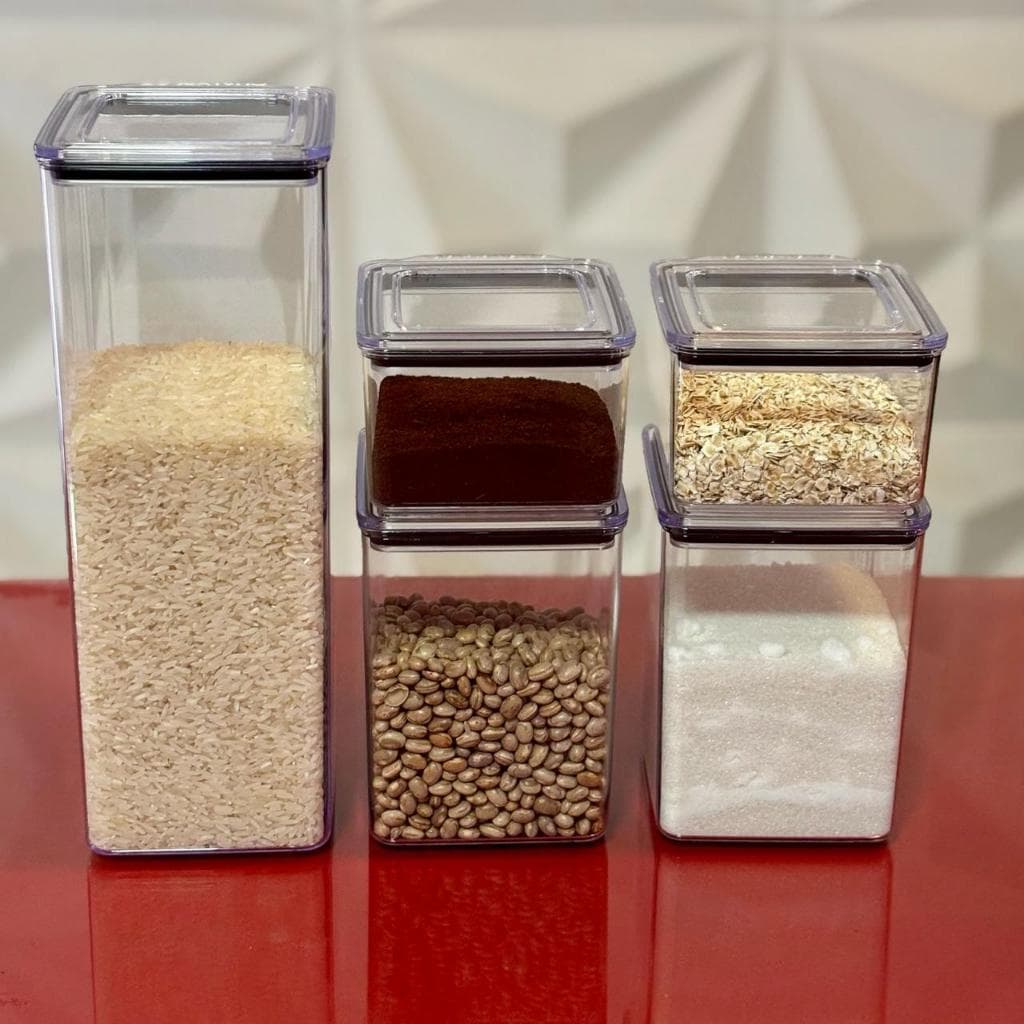Kit 5 Potes Mantimento Hermetricos Empilháveis Quadrado Resistente Cozinha Dispensa