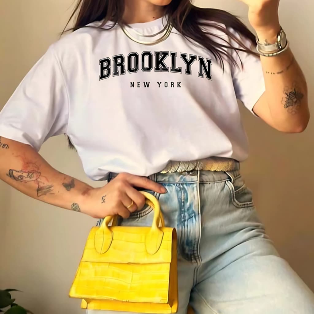 Blusa Brooklyn New York T-Shirt Feminina Camiseta Básica Algodão Moda Casual Verão Tendência Estilo Americana