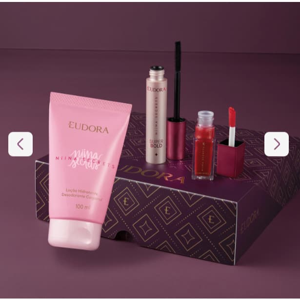 Kit Niina MAKE: MÁSCARA PARA CÍLIOS, GLOSS HOLOGRÁFICO e LOÇÃO HIDRATANTE(3 itens) Eudora.