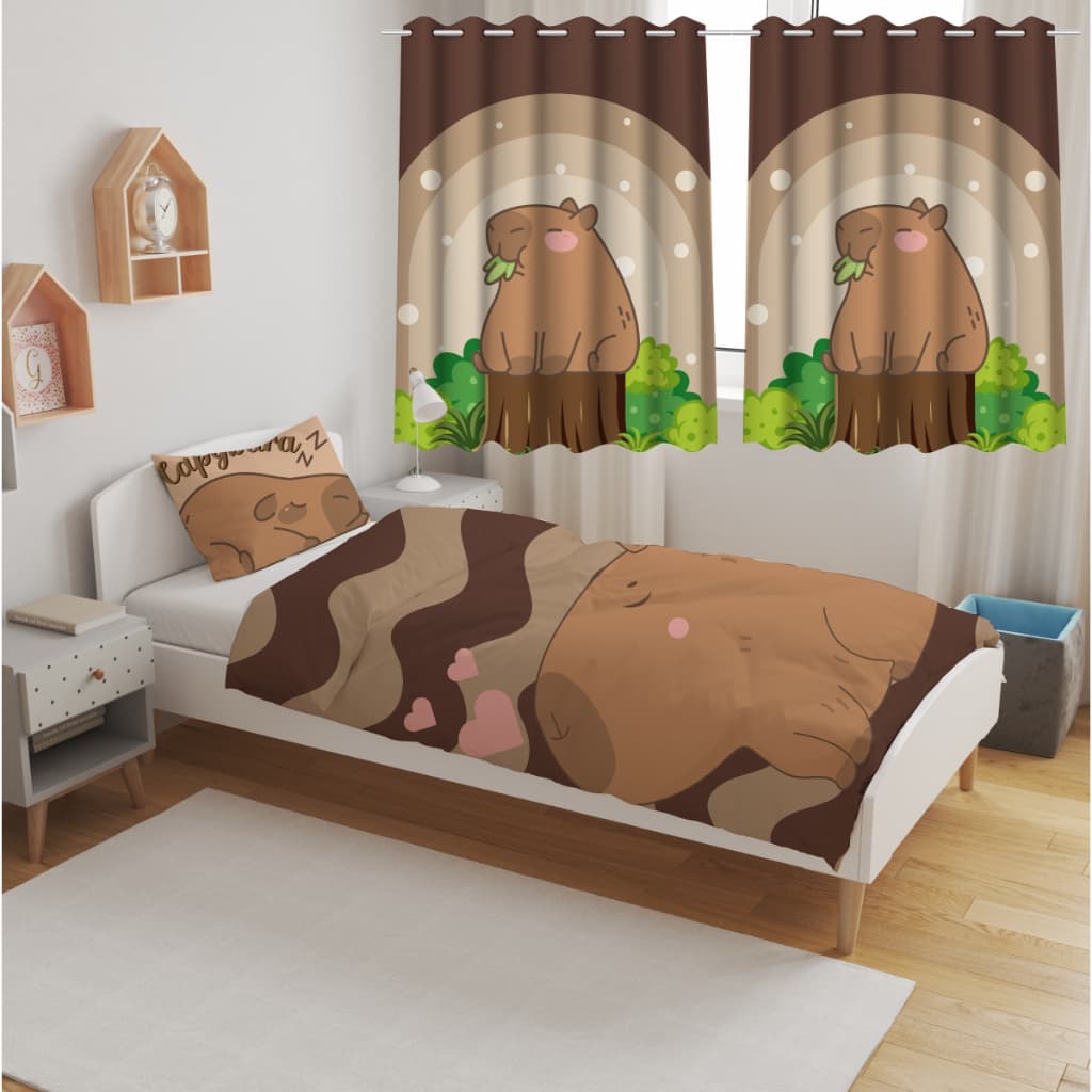Kit Jogo Quarto Infantil Cortina + Jogo Lençol Kit Solteiro 3 Peças Casa Decoração Capivara