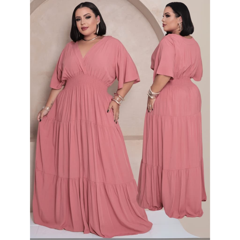 Vestido Longo Plus Size Decote V 3 Marias Manga Curta