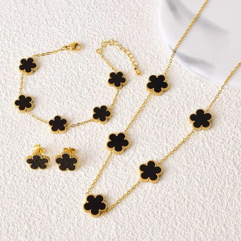 Kit Conjunto Colar Pulseira E Brinco Dourado Trevo