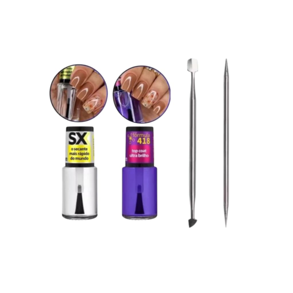 Kit Manicure: Kit SX O Secante Mais Rápido Do Mundo + Top Coat Verniz  Formula 418 Cora+ Espátula e palito Duplo Inox