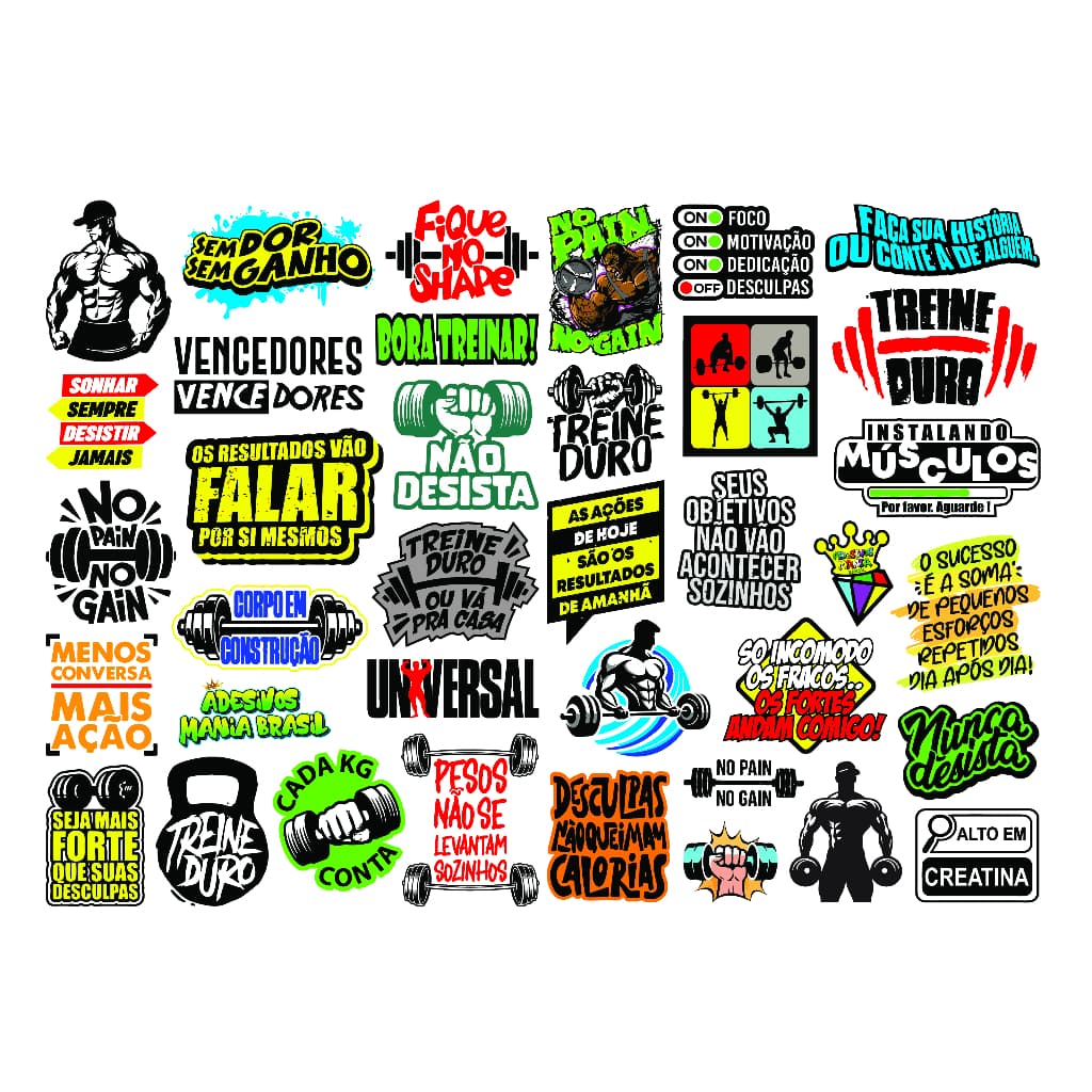 Kit com 37 Adesivos Frase de Academia Fitness Musculação para Garrafa Moto Carro Bike