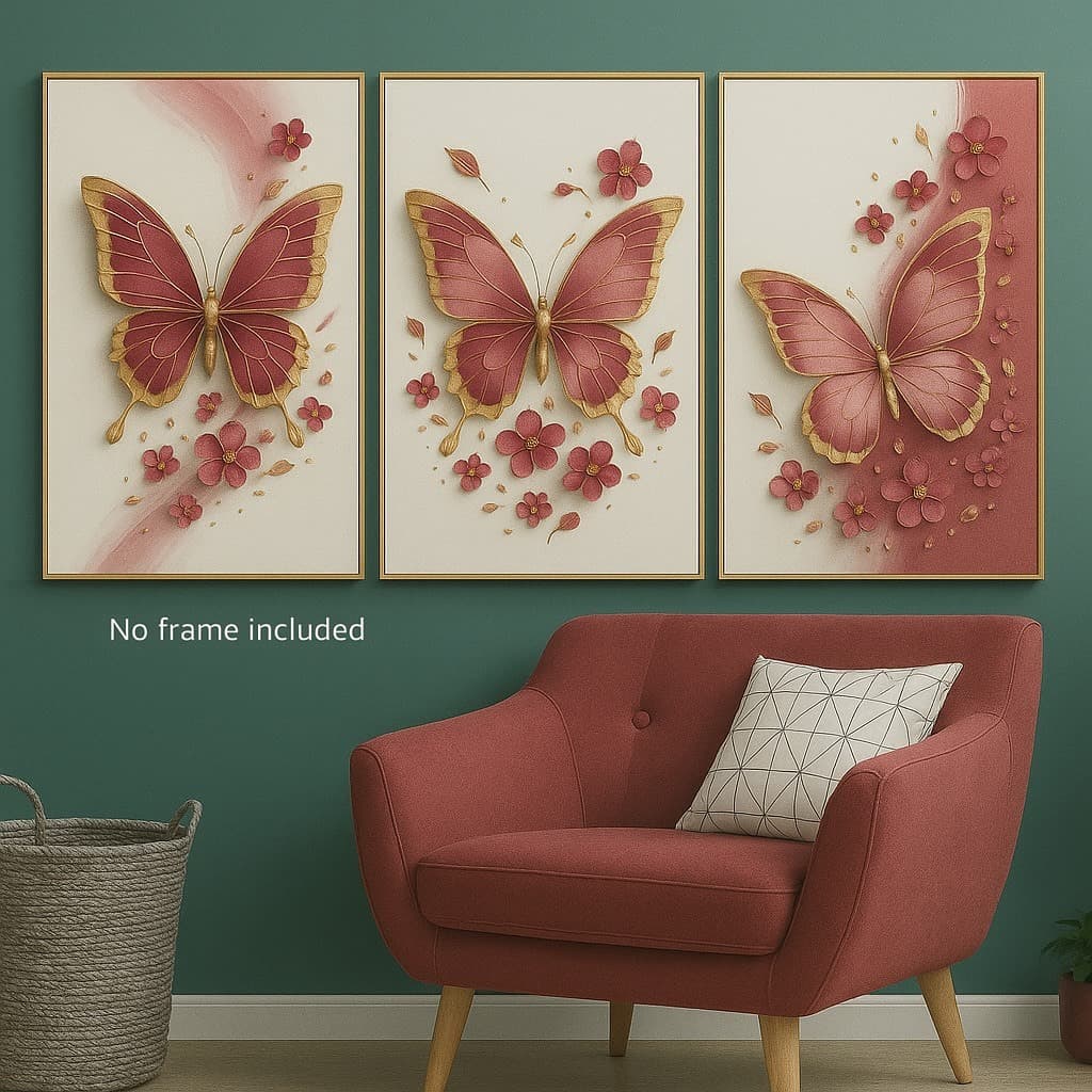 Kit 3 Quadros Decorativos Borboletas Marsala– Charme e Delicadeza para seu Ambiente