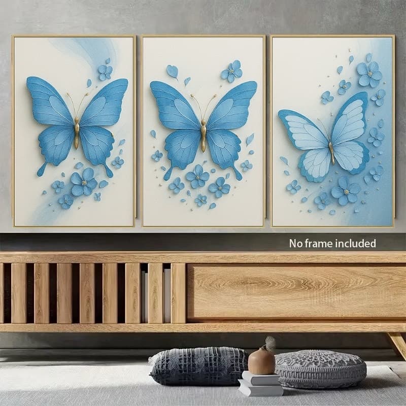 Kit 3 Quadros Decorativos Borboletas Azuis Luxo – Charme e Delicadeza para sua Parede