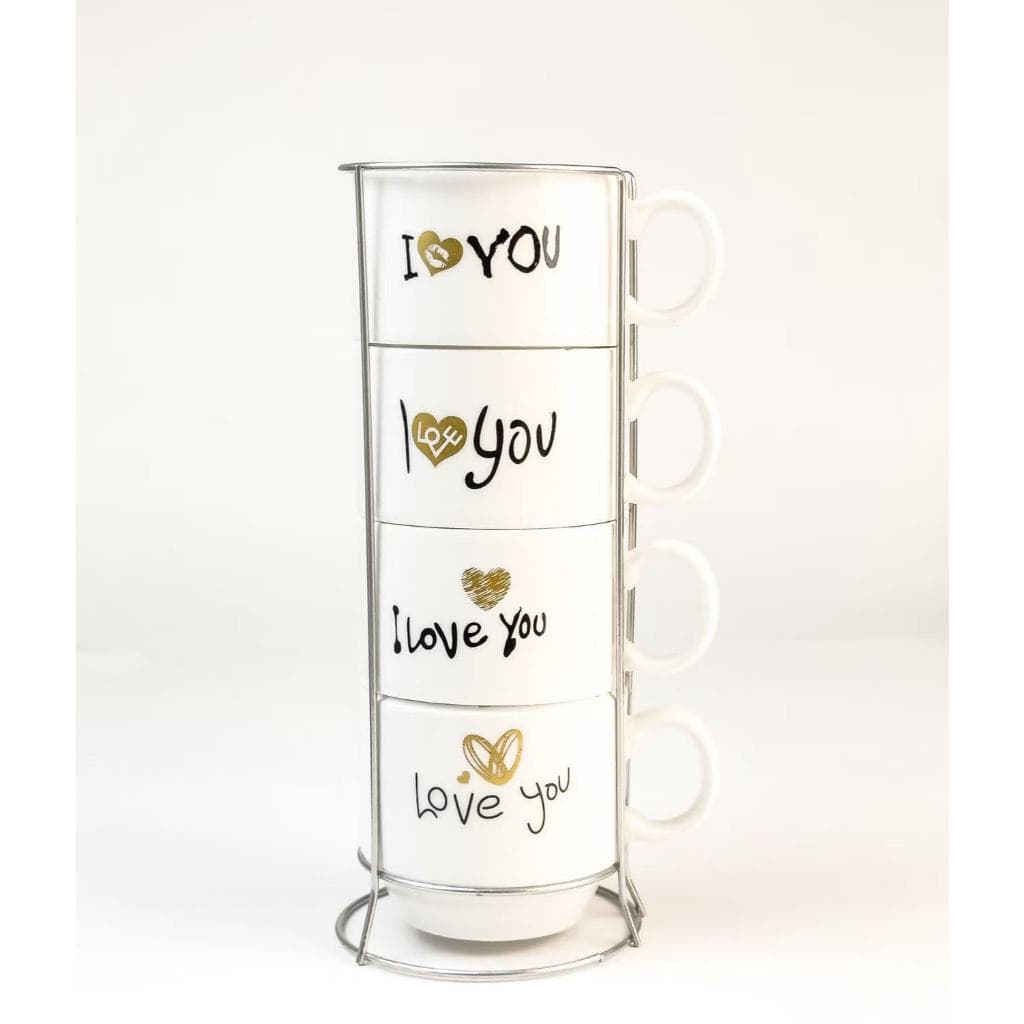 Kit Jogo Com 4 Xícaras Café Chá 160mL Suporte Metal