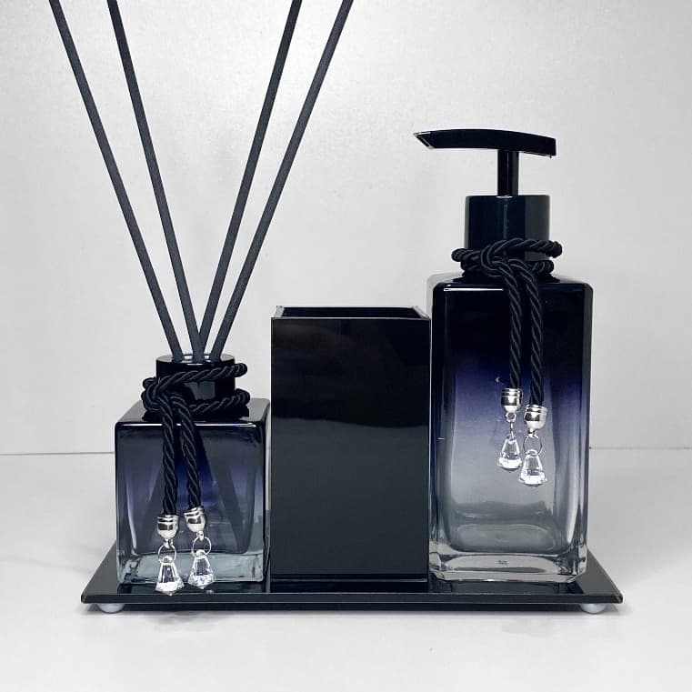 Kit Banheiro Preto Degrade Porta Escova Difusor e Dispenser Sabonete Líquido Bandeja