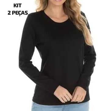 KIT 2 BLUSAS FEMININA MANGA LONGA GOLA REDONDA CAMISETA 100% ALGODÃO BÁSICA LISA