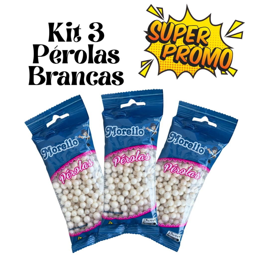 Kit 3 Pérolas Branca 180g Tamanho Médio 100% Comestíveis Confeitos - Morello
