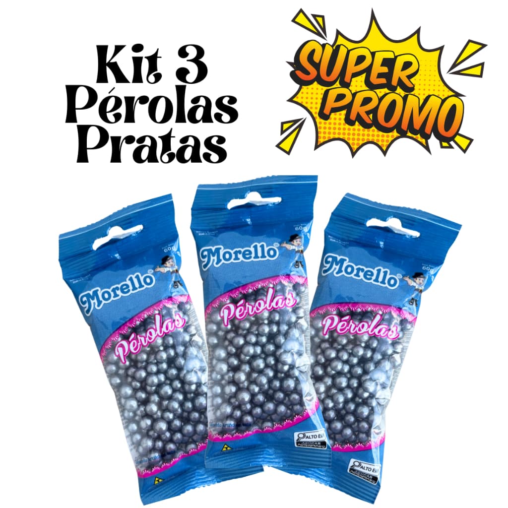 Kit 3 Pérolas Prata 180g Tamanho Médio 100% Comestíveis Confeitos  - Morello