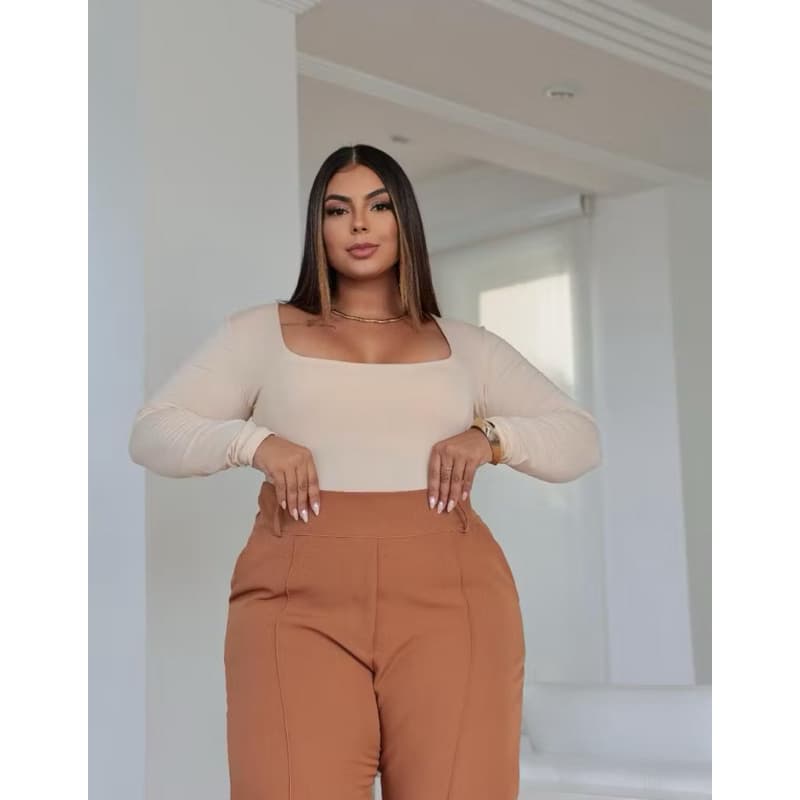 Body Plus Size  Decote Quadrado Manga Longa Feminino Suplex Tendência Moda Feminina