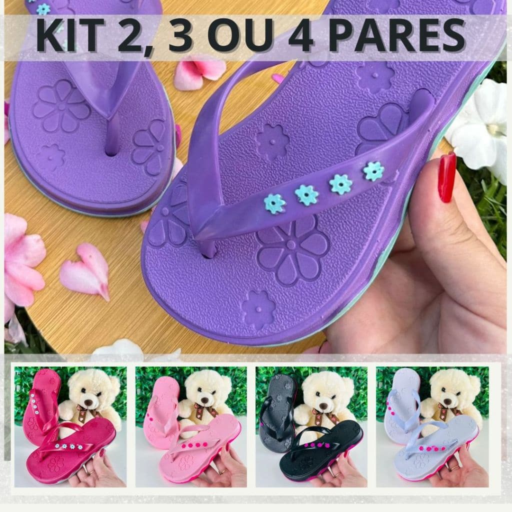 Kit com 2, 3 ou 4 Pares Chinelo Papete Infanil Antiderrapante Macio Menina Florzinha