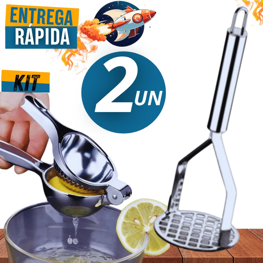Kit 2 Peças Espremedor de Limão + Amassador de Batatas em Aço Inox Resistente
