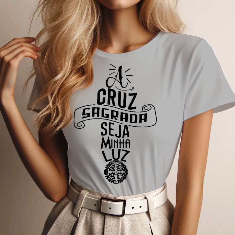 blusa t shirt cruz sagrada, medalha de são bento, baby look cinza cristã, blusinha gospel plus size