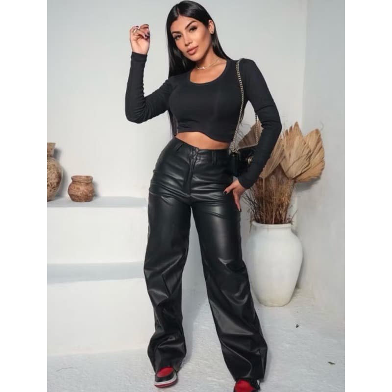 Calça De Couro Feminina Wide Leg Pantalona Cintura Alta Flare Moda Gringa Inverno