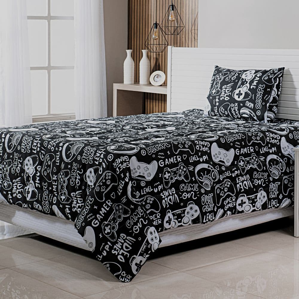 Edredom Casal Dupla Face + 01 Fronha Dupla Face com Zíper Estampa Game Decoração para Quarto Gamer