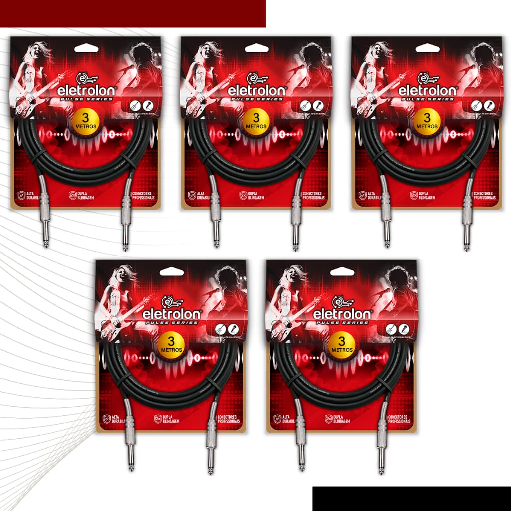 Kit 5 Cabo P10 Mono P10 Mono Para Violão Guitarra Baixo 3m Metros - Pulse Eletrolon
