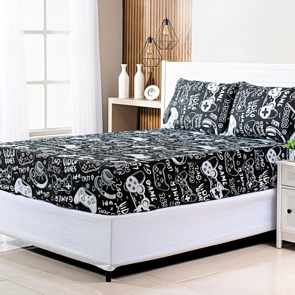 Jogo de Cama Casal Padrão 03 Pçs Lençol com Elástico + 2 Fronhas Estampa Game Geek Exclusiva