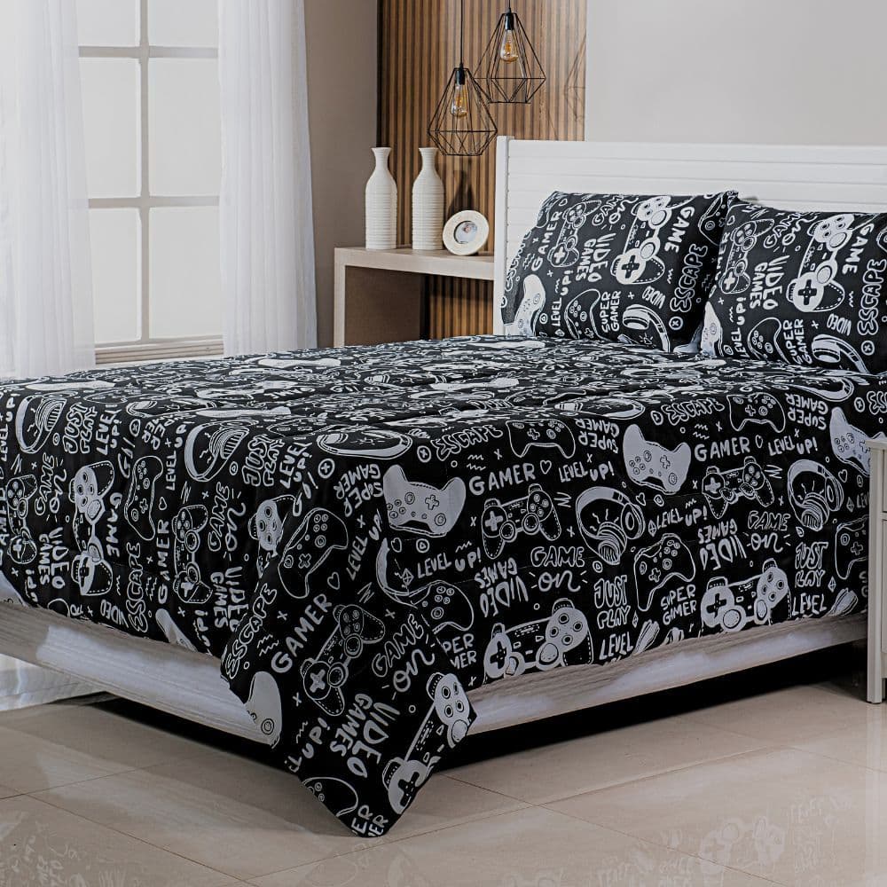 Edredom Casal Dupla Face + 02 Fronhas Dupla Face com Zíper Estampa Game Decoração para Quarto Gamer