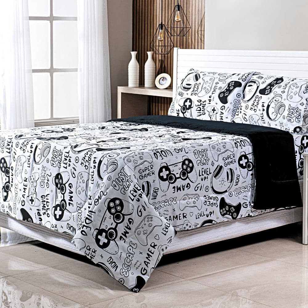 Edredom Casal Dupla Face + 02 Fronhas Dupla Face com Zíper Estampa Game Decoração para Quarto Gamer