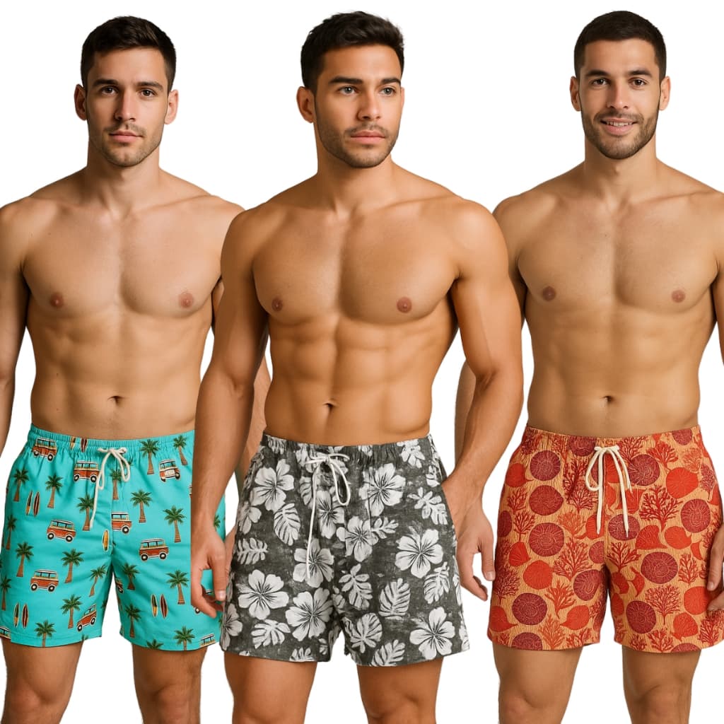Kit 3 Shorts Estampados Mauricinho Jr Moda Praia TacTel Verão Bermudas