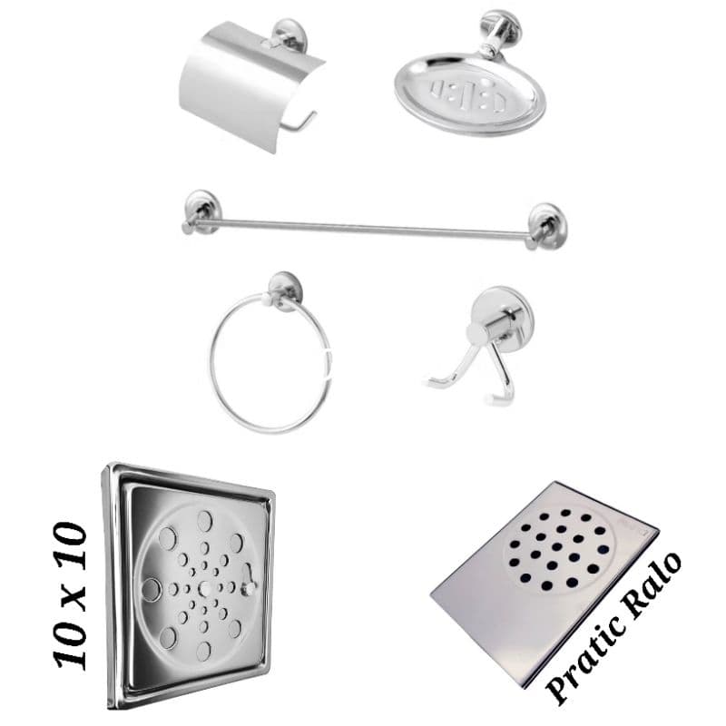 Kit Acessórios De Banheiro Com Ralo Grelha 10x10 Com Caixilho E Ralo Para Box Ralo Seco Cromado