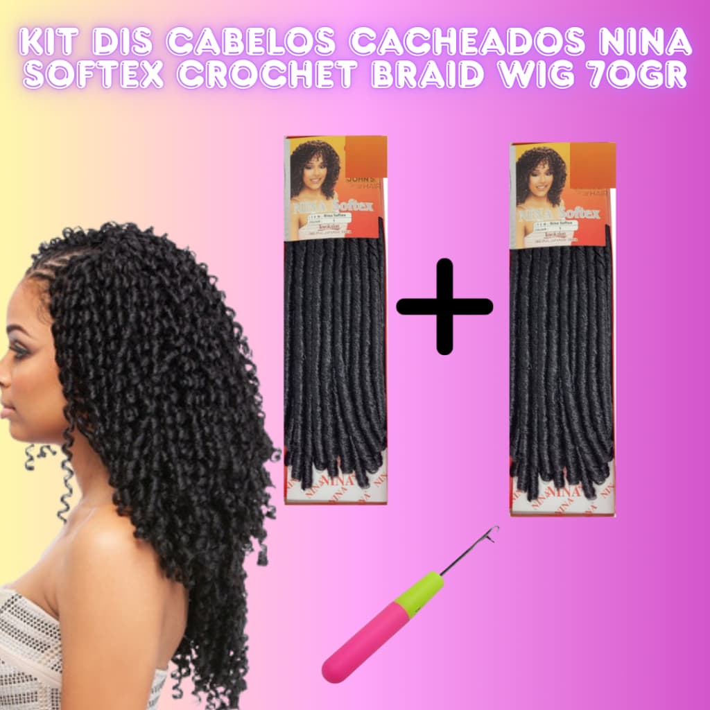 KIT DOIS Cabelos Cacheados Nina Softex Crochet Braid Wig 70gr