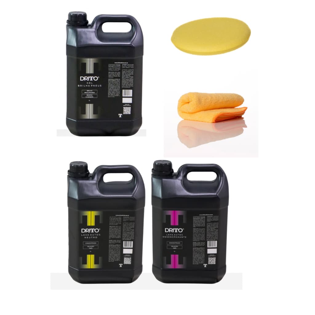 Kit Estética Automotiva Dritto 3x5L + Brindes | Neutro, Desengraxante + Gel Brilha Pneus Premium