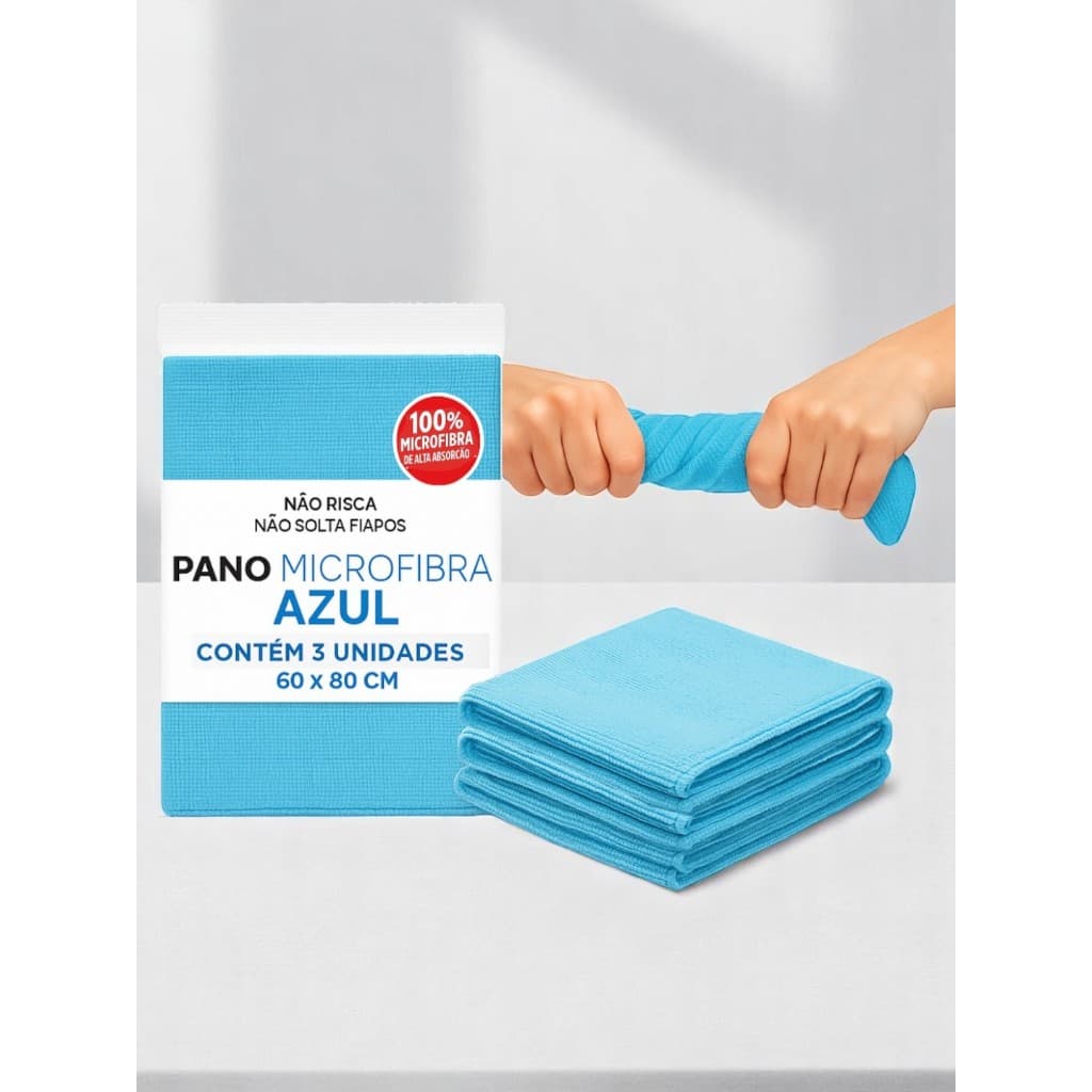 Kit Pano Microfibra Azul 60x80 Multiuso Automotivo Grande Para Limpeza Alta Absorção Não Arranha