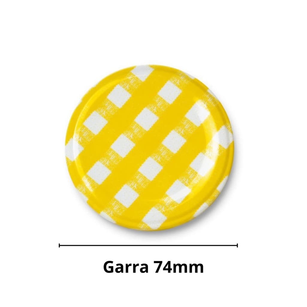 25 Tampas de Metal Para Vidro De Conserva Xadrez Amarela - 74mm Palmito - Doces - Compotas - Pimenta - Azeitona