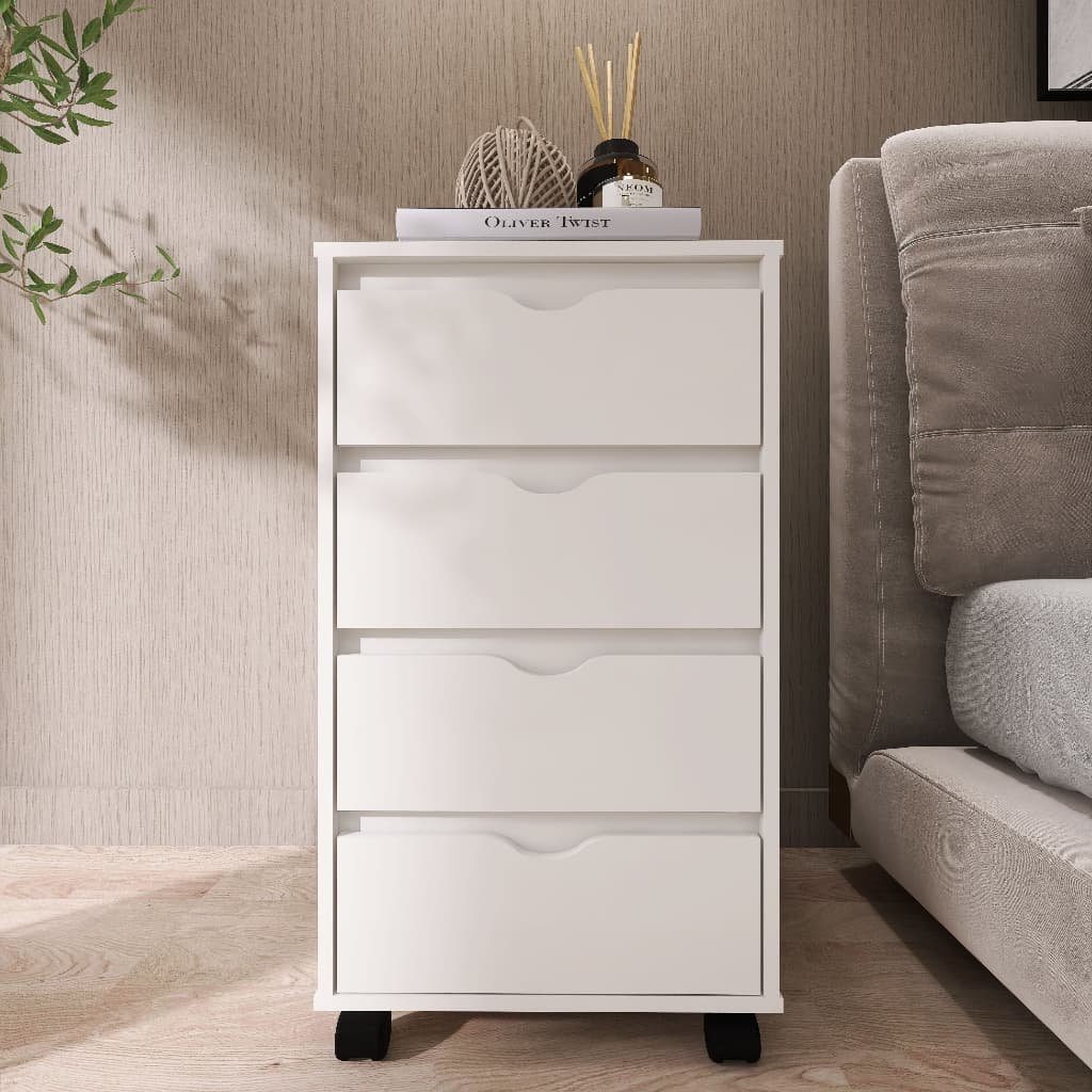 Mesa De Cabeceira Com 4 Gavetas e Rodinhas Moderna 100% MDF Corrediças Telescópicas Fulldecor - Mod.0701